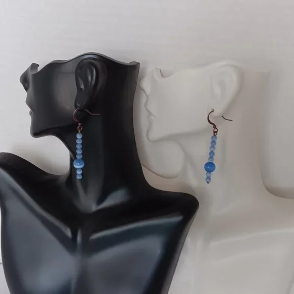 Hand Crafted Periwinkle Blue Dangle Earrings With Banded Agate Round Beads NWT - Picture 9 of 16